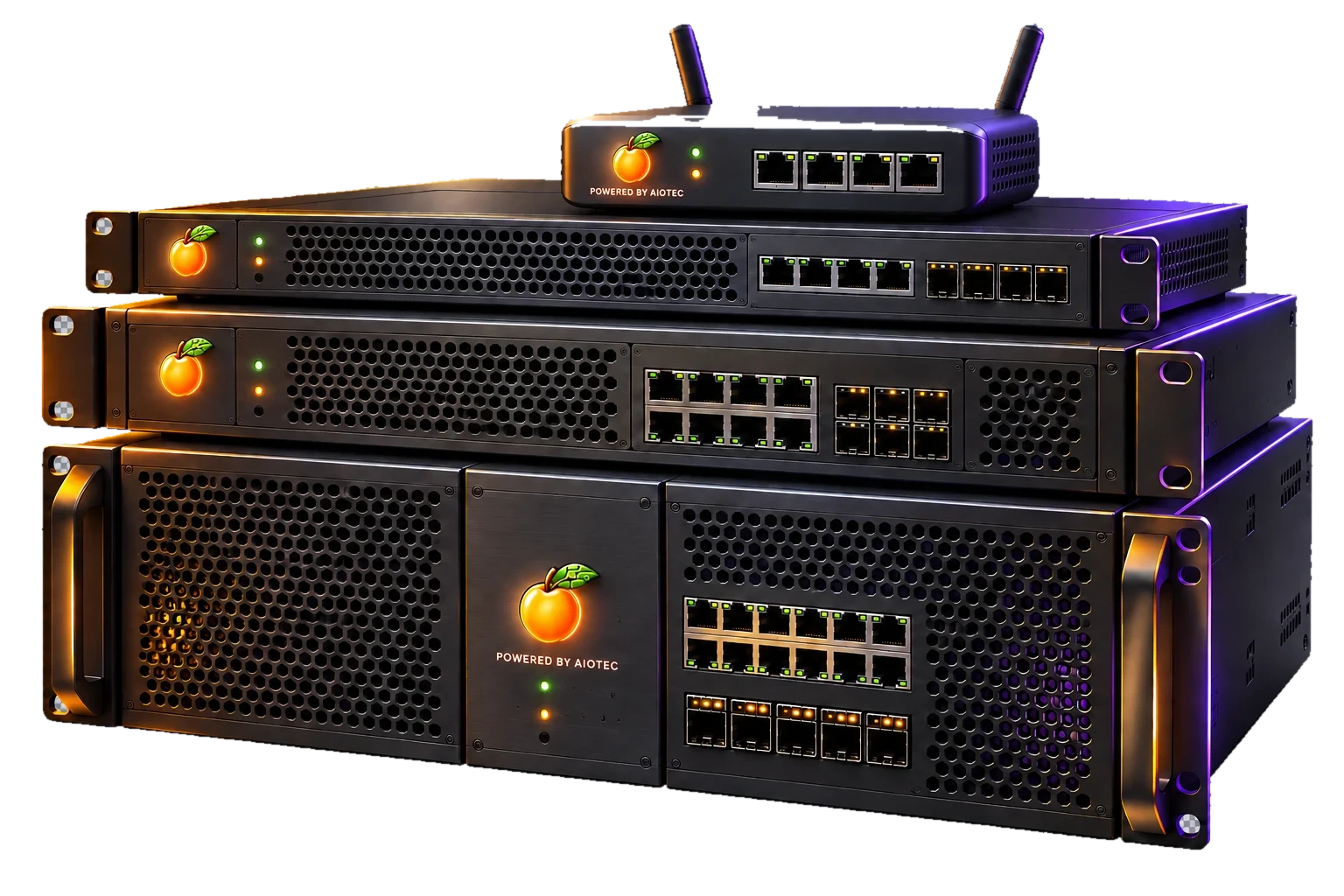 Apricot desktop router above stacked 1U, 2U and 4U firewall appliance concepts